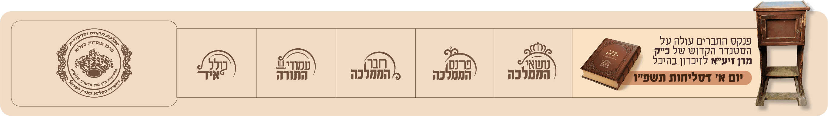 כולל אויד · עמודי התורה · חבר הממלכה · פרנס הממלכה · נושאי הממלכה — פנקס החברים עולה על הסטענדר הקדוש של כ״ק מרן זיע״א לזיכרון בהיכל, יום א׳ דסליחות תשפ״ו